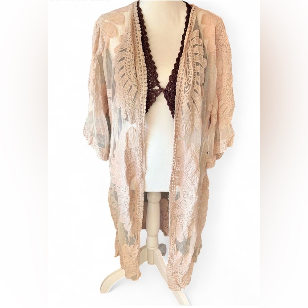 Blush Lace‎ Embroidered Kimono – Size Large – Boho Sheer Duster Cardigan